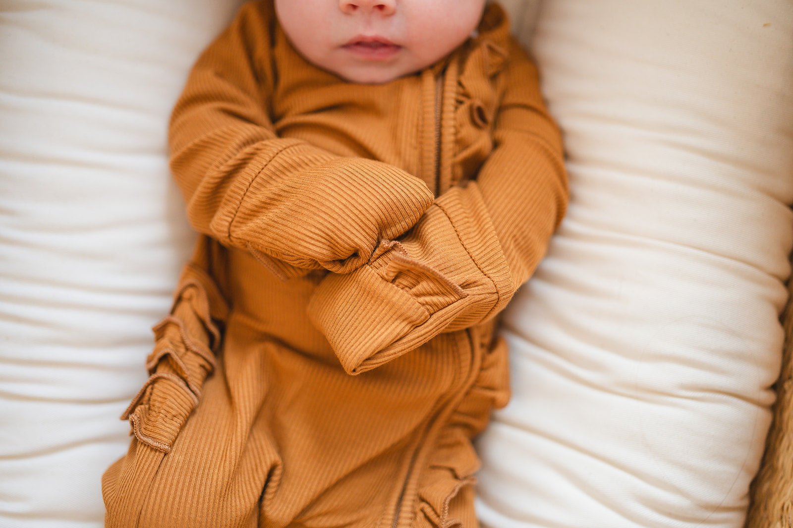 Caramel Ribbed Baby Pajamas | Ruffle Zipper Romper