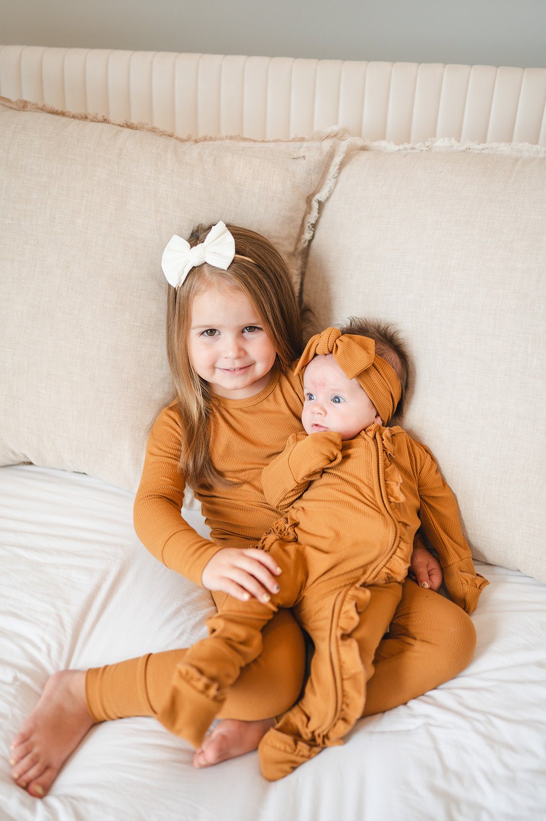 Caramel Ribbed Baby Pajamas | Ruffle Zipper Romper