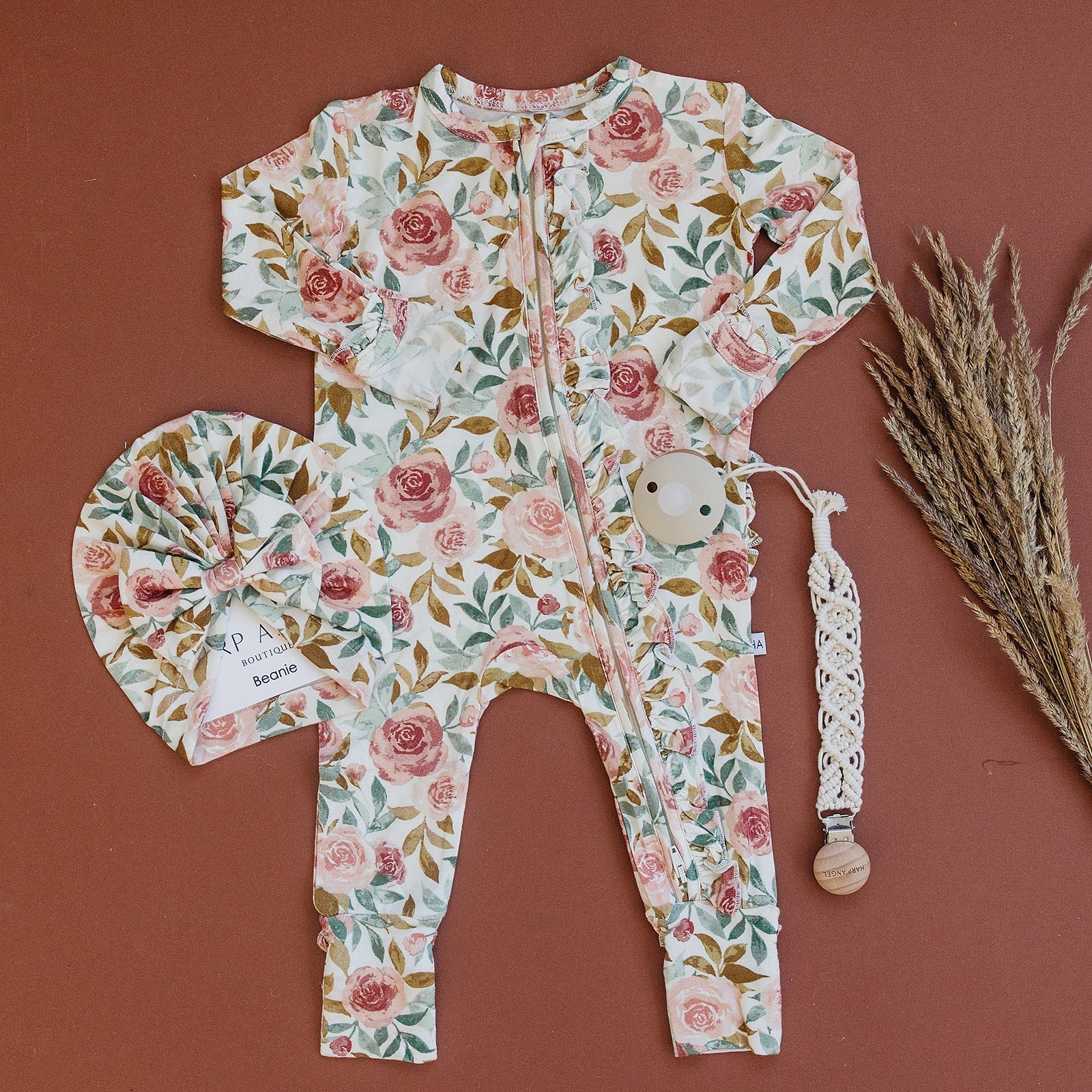 Dusty Pink Floral Baby Pajamas | Ruffle Zipper Romper