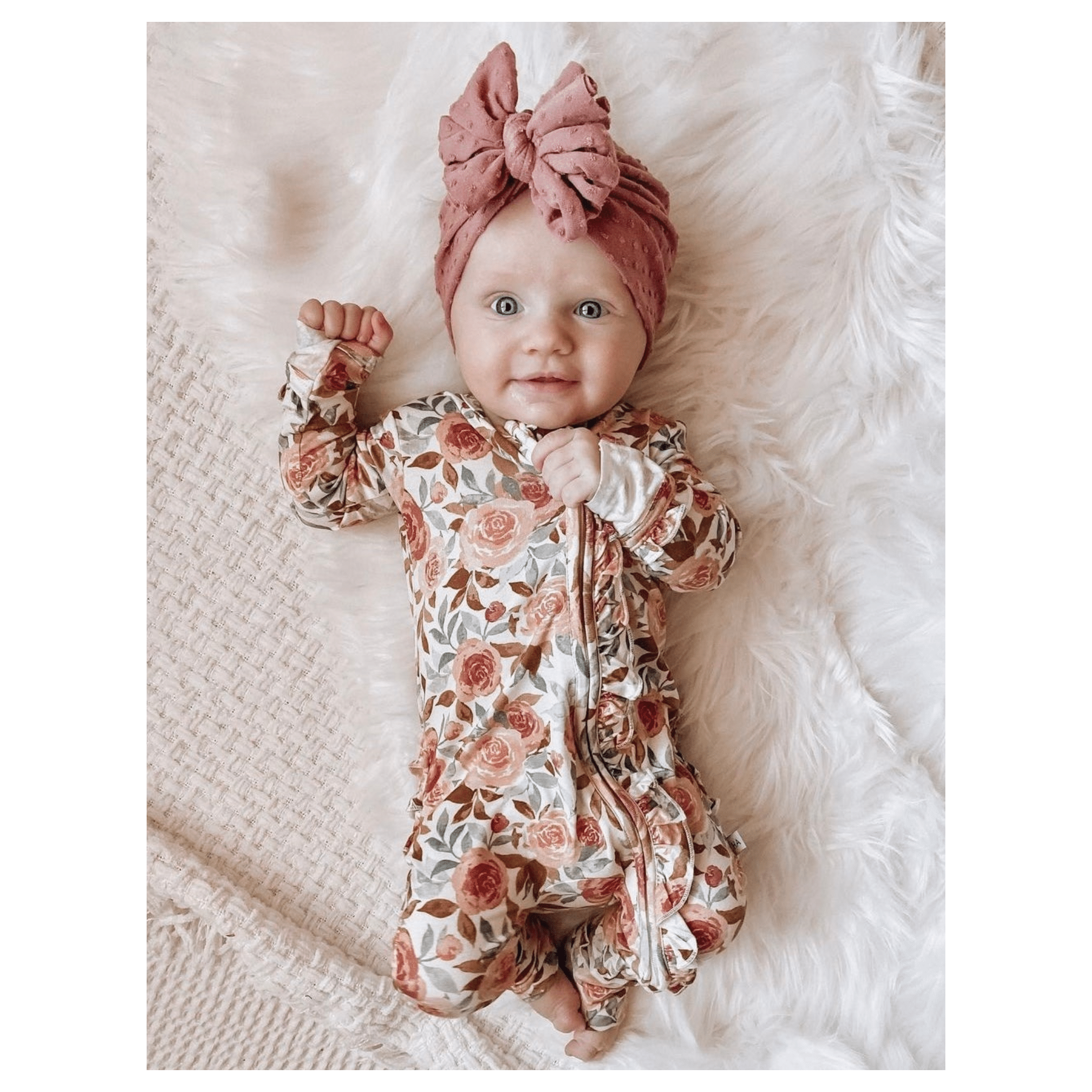 Dusty Pink Floral Baby Pajamas | Ruffle Zipper Romper