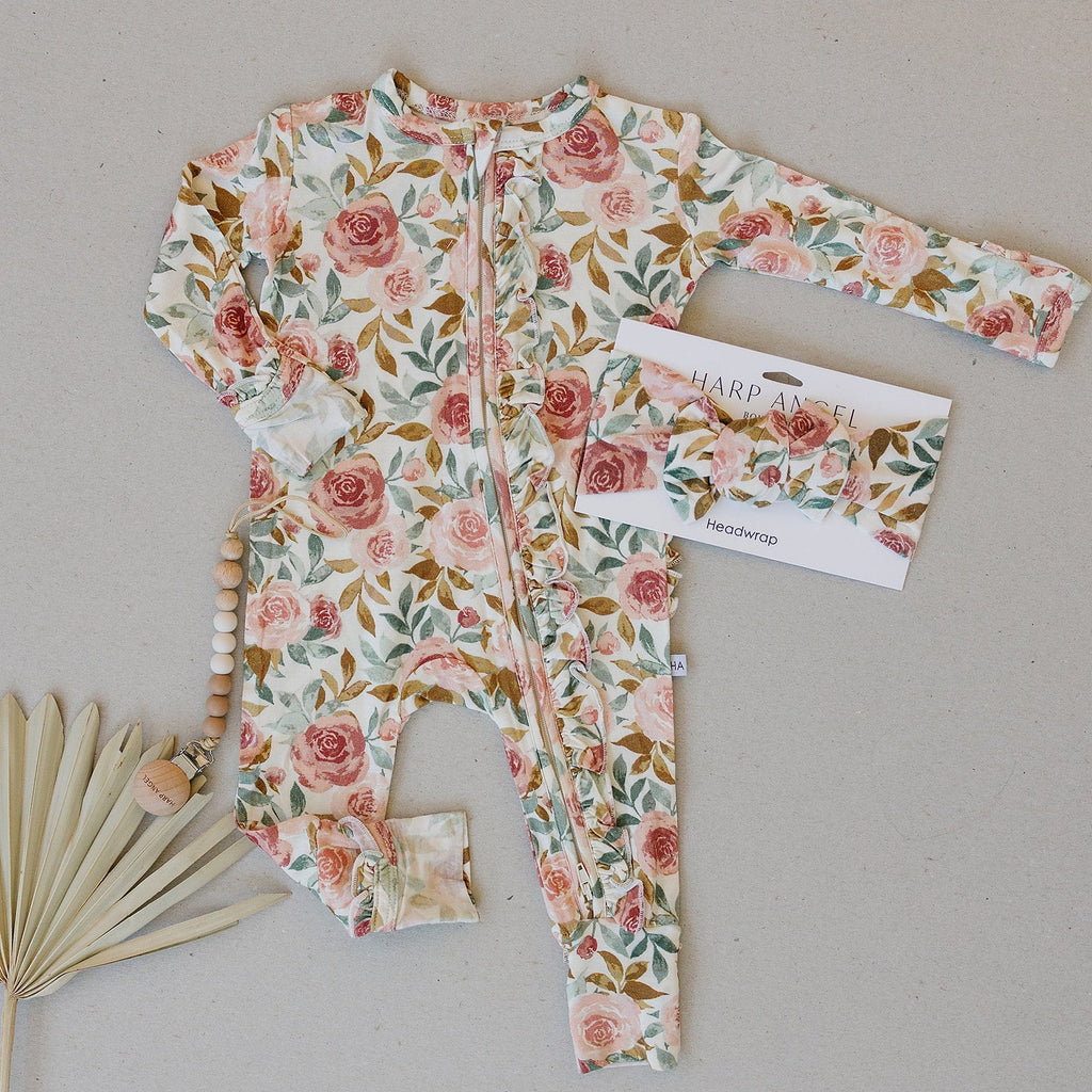 Dusty Pink Floral Baby Pajamas | Ruffle Zipper Romper