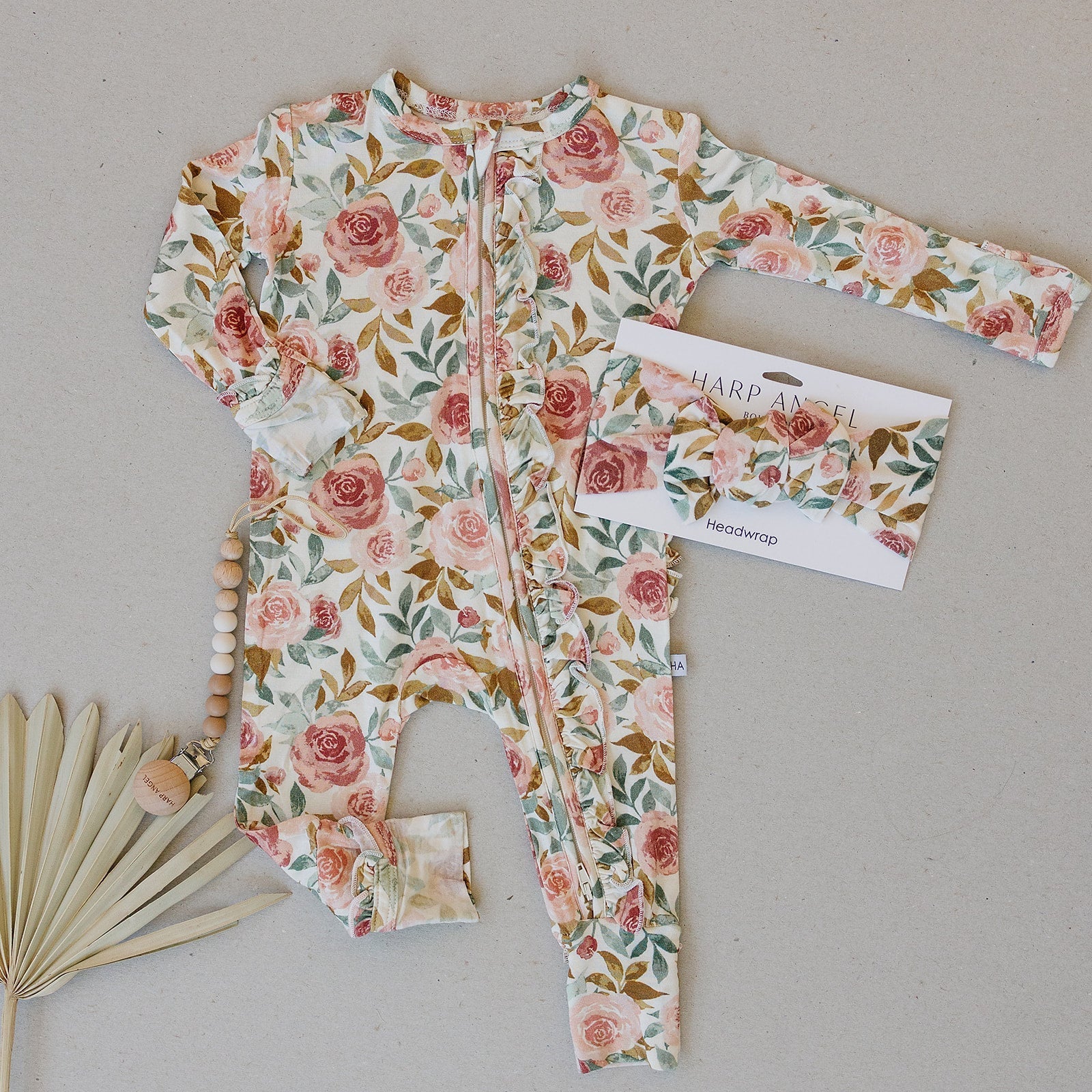 Dusty Pink Floral Baby Pajamas | Ruffle Zipper Romper