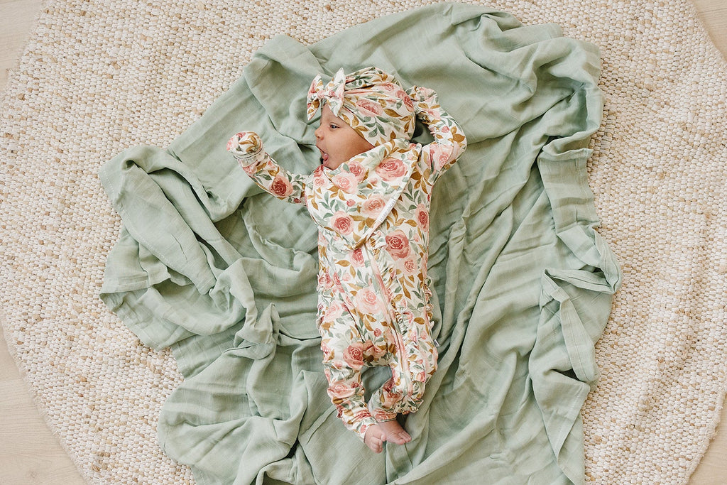 Dusty Pink Floral Baby Pajamas | Ruffle Zipper Romper