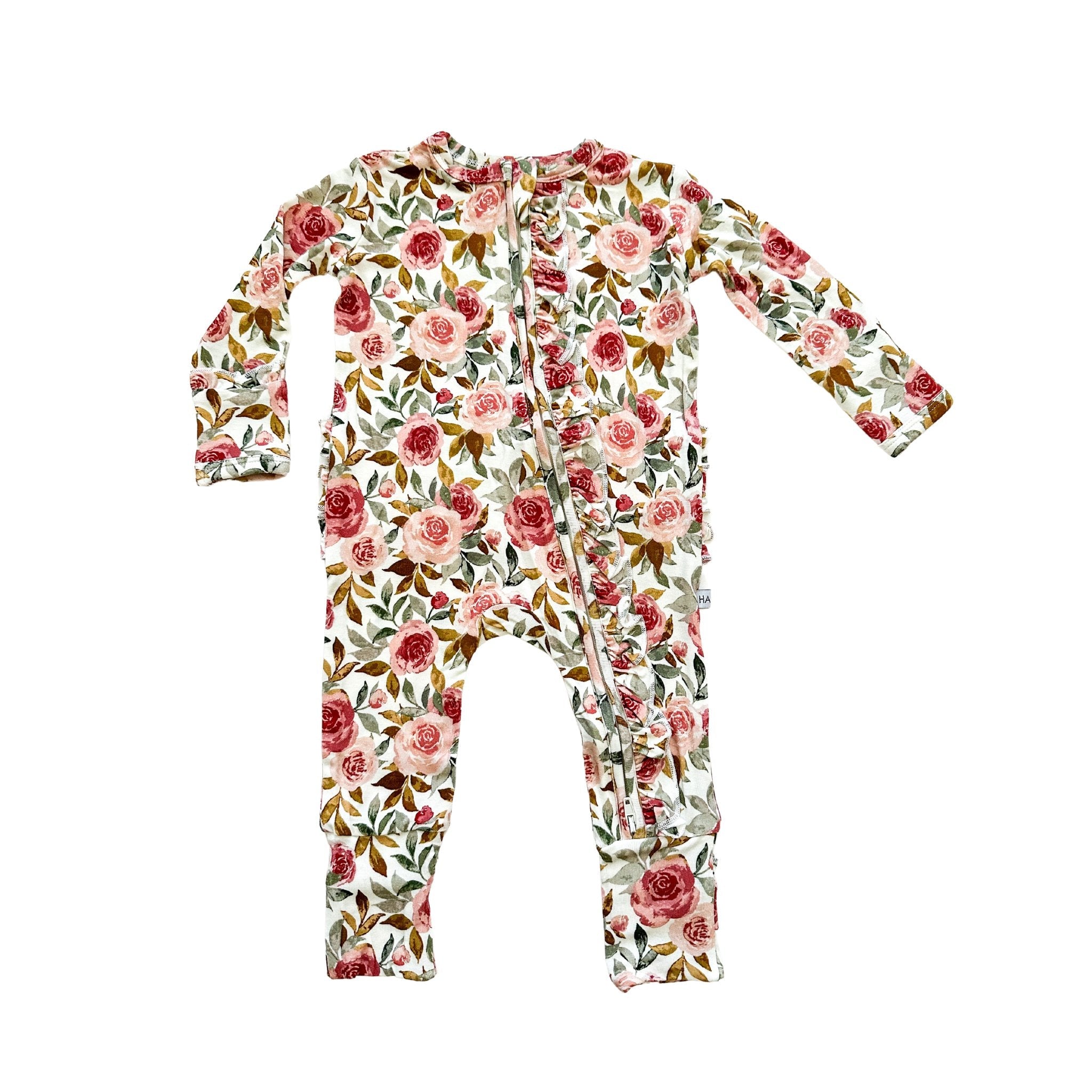 Dusty Pink Floral Baby Pajamas | Ruffle Zipper Romper